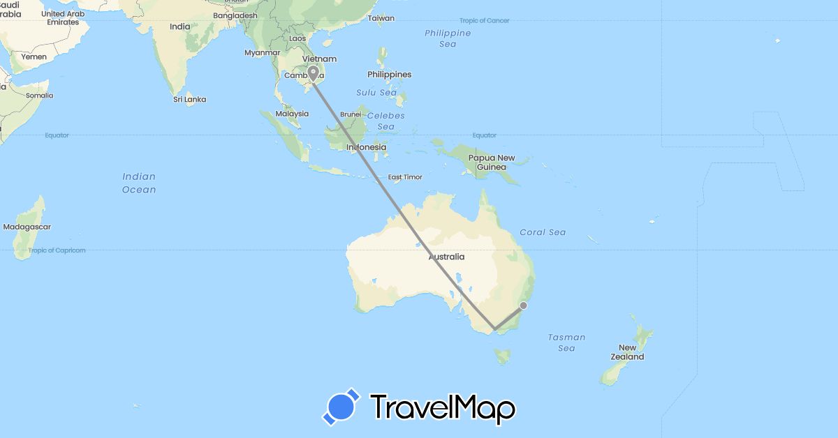 TravelMap itinerary: driving, plane in Australia, Vietnam (Asia, Oceania)